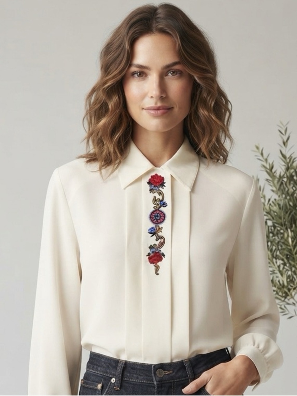 Vintage Koret Ivory Embroidered Floral Button Down Blouse Size 12